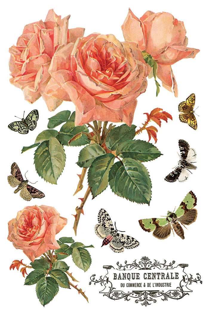Vintage-style illustration of pink roses and butterflies with a decorative border.