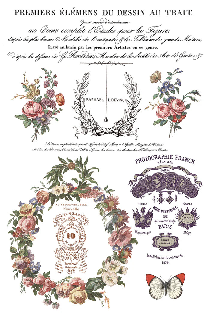 Decorative design with floral elements, text, and a butterfly on a white background