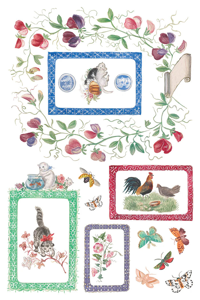Decorative paper with illustrations of animals, flowers, and nature-themed borders.
