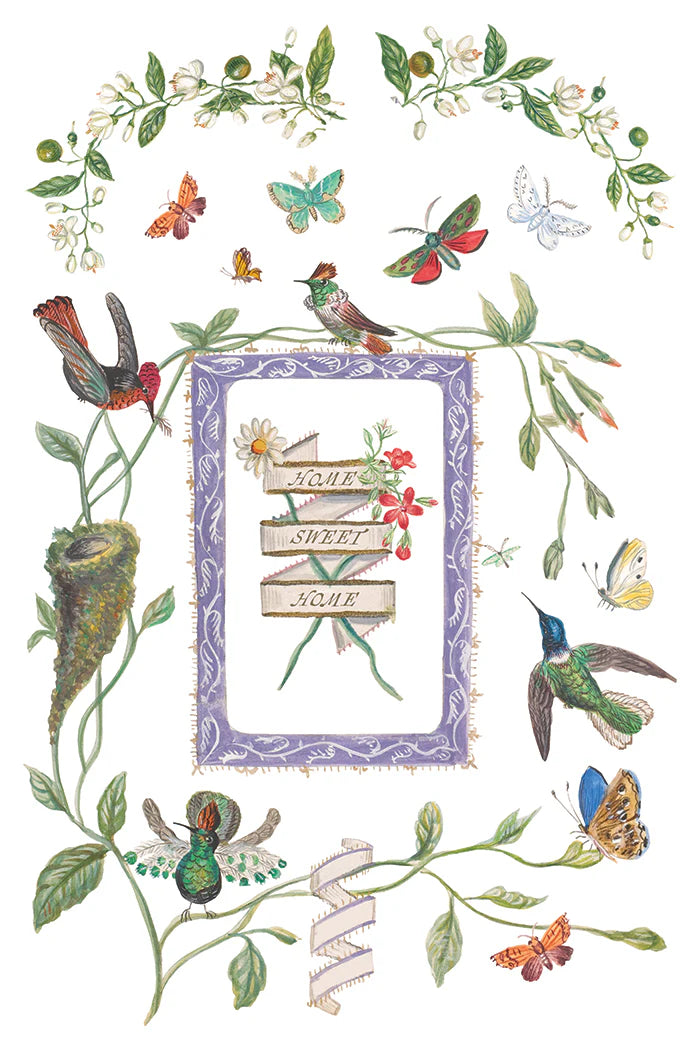 Decorative design with birds, flowers, and text in a frame surrounded by foliage on a white background.