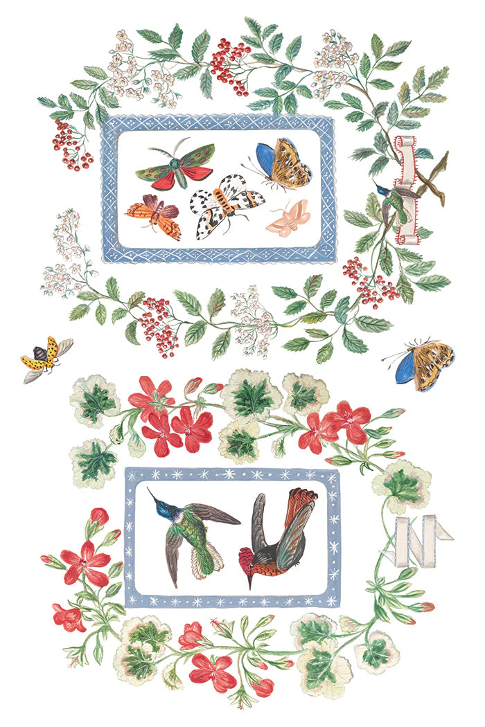 Decorative design with butterflies, flowers, and leaves on a white background