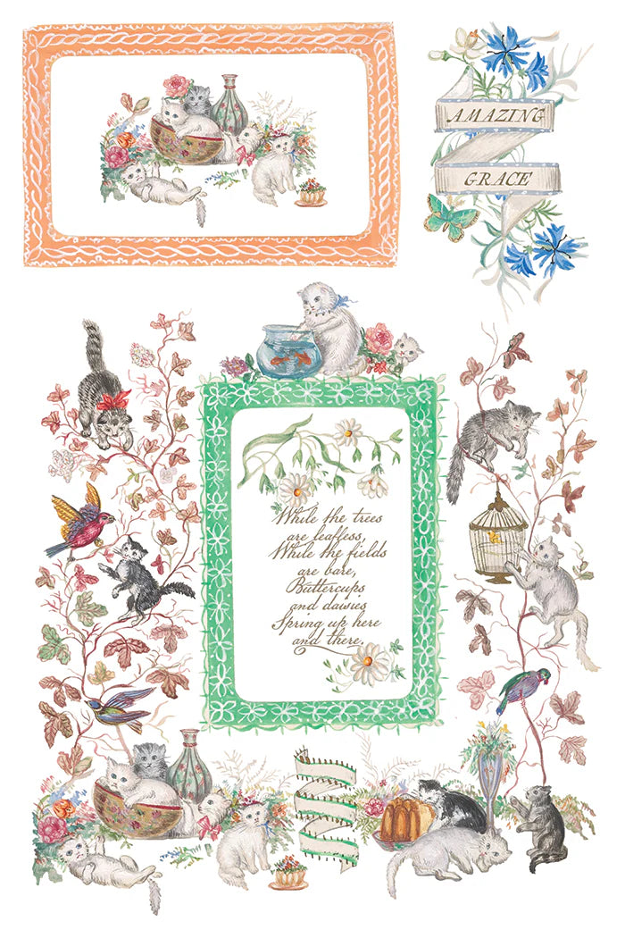 Decorative sheet with illustrations of animals, flowers, and text on a white background