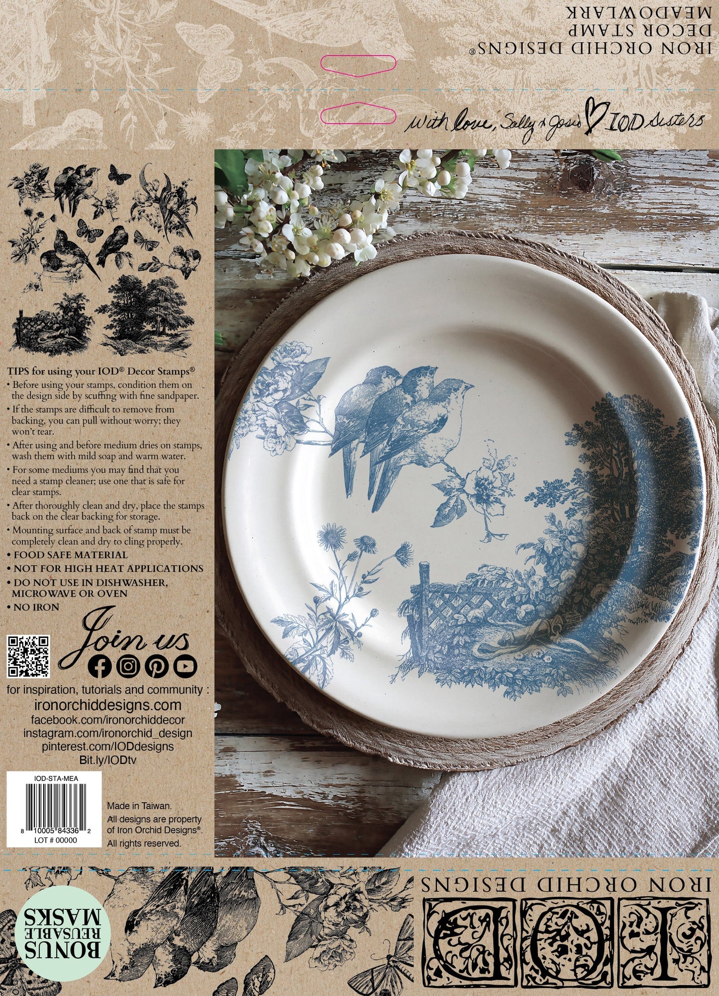 Back cover of Meadowlark stamp with a stamped bird plate and stamping instructions.