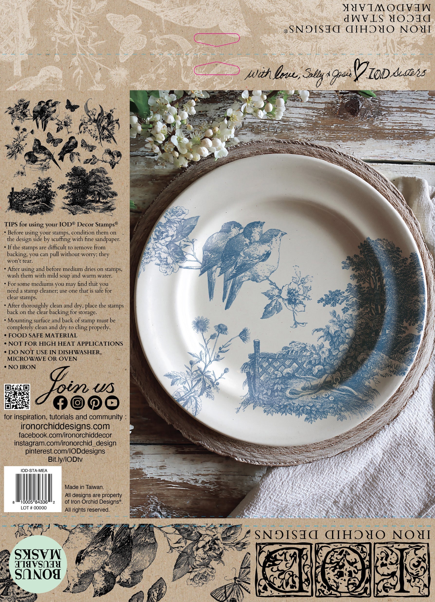 Back cover of Meadowlark stamp with a stamped bird plate and stamping instructions.