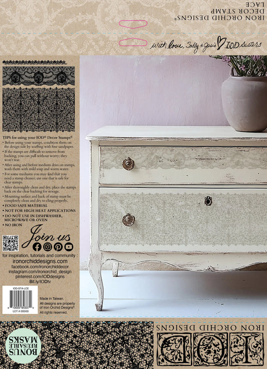 Decorative chest of drawers with a patterned wall and text overlay, stamped with the IOD “Lace” stamp.