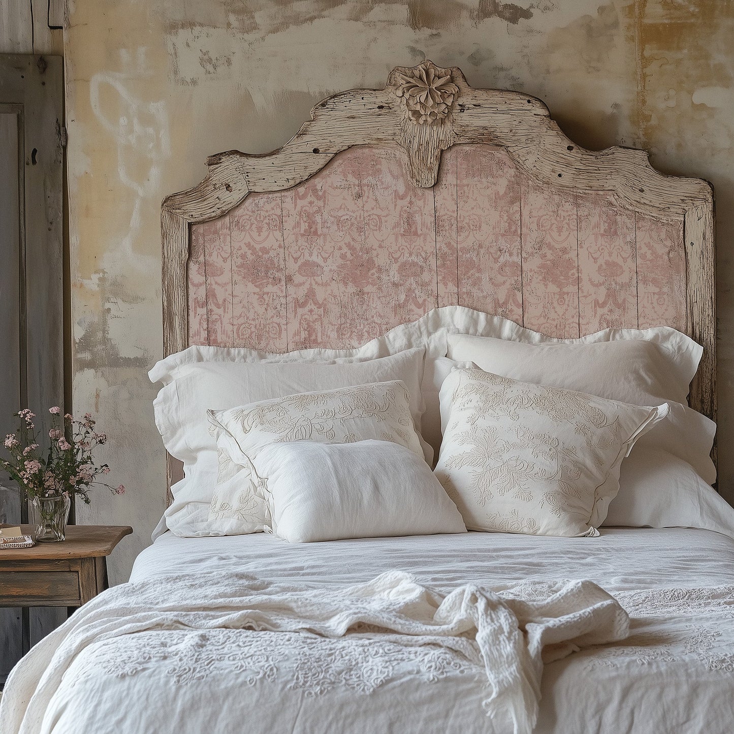 Vintage-style bed with floral headboard and lace bedding in a rustic bedroom.