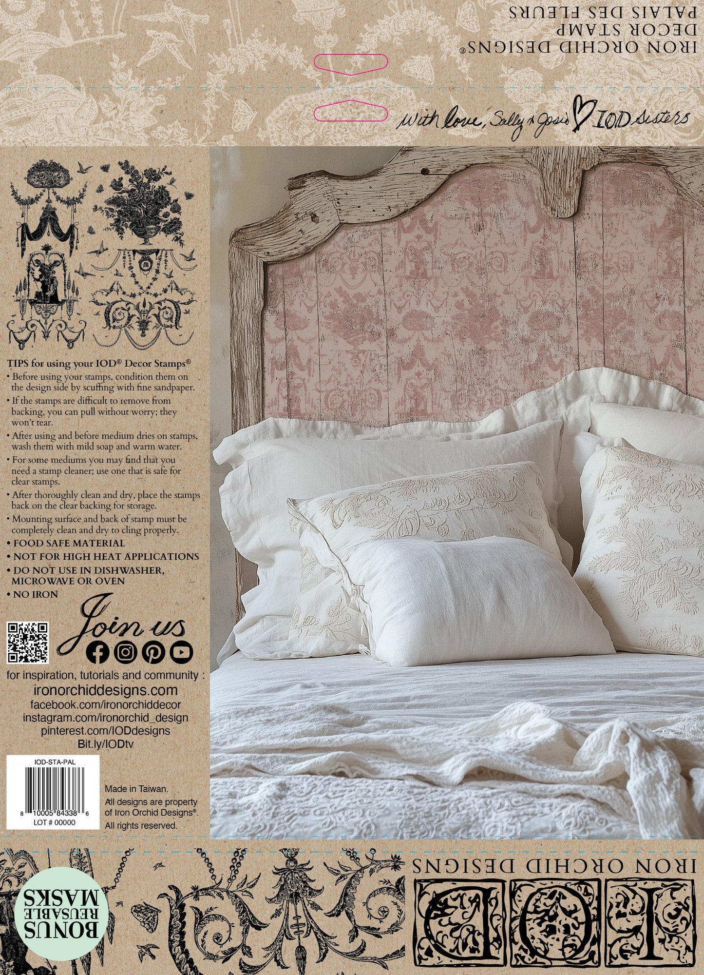 Back cover of IOD stamp with an example bed headboard stamped with the design.