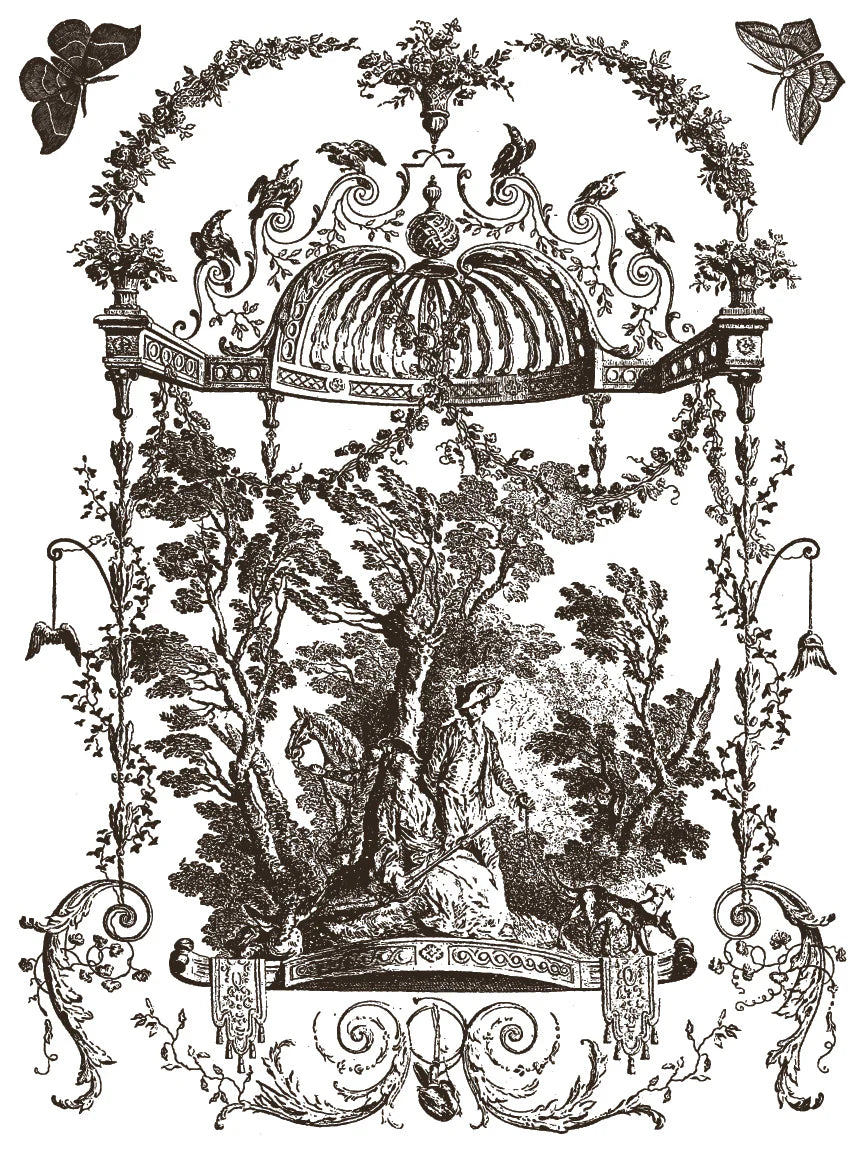 Decorative French paint inlay of an illustration with trees, architectural elements, and decorative frames on a white background