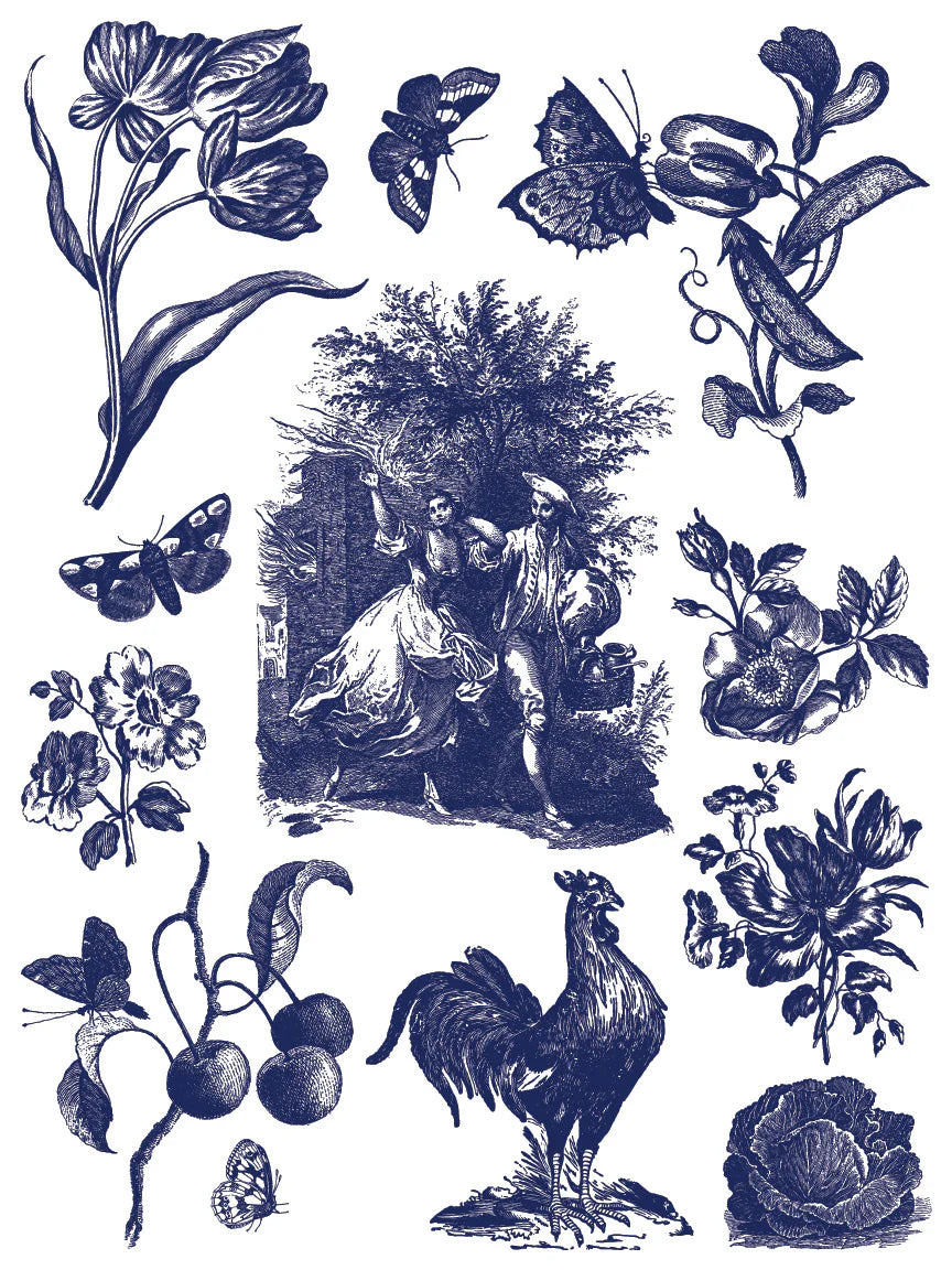 Vintage-style paint inlay illustration with floral elements, a rooster, and a couple in a garden.