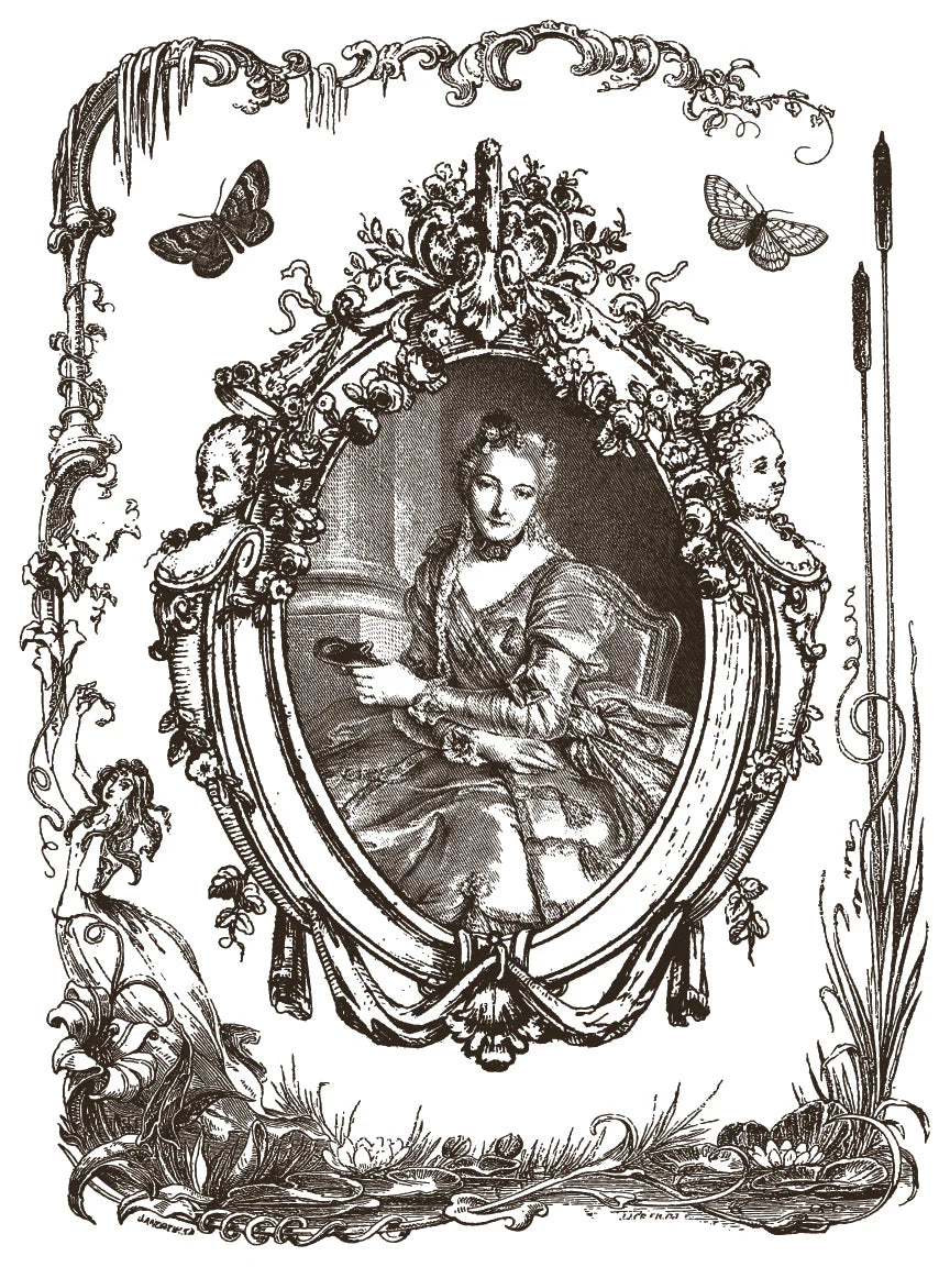 Decorative illustration of a woman in an ornate frame with butterflies and plants.