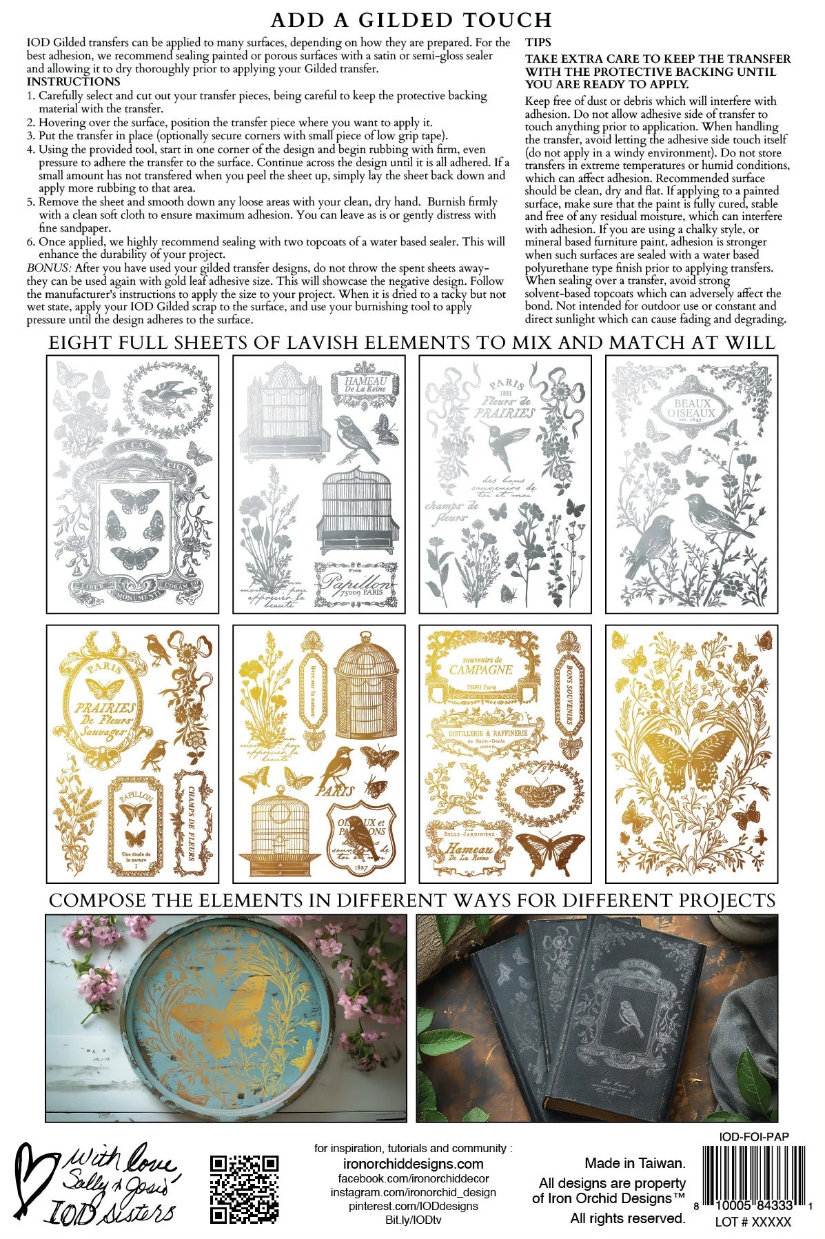 Decorative elements with gold and silver designs on a white background