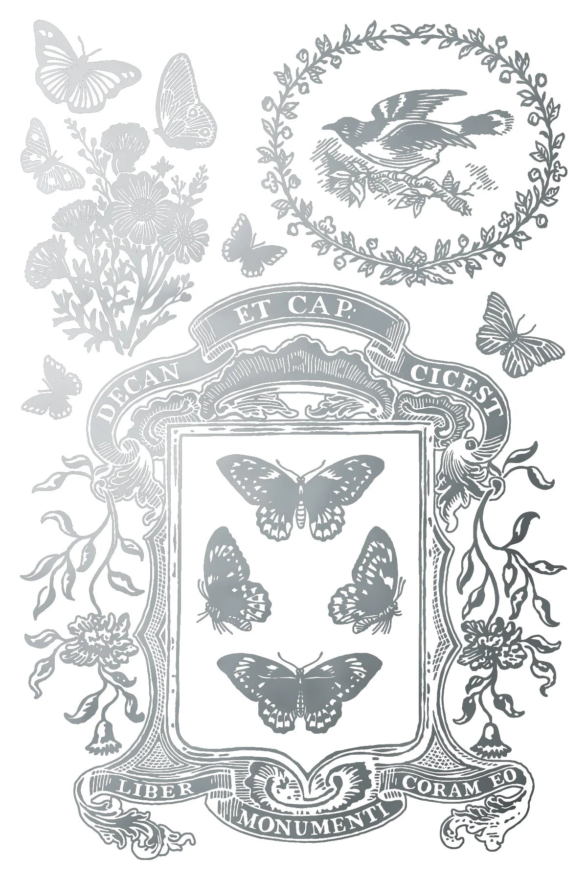 Decorative silver transfer design with butterflies, flowers, and classical text in gray on a white background