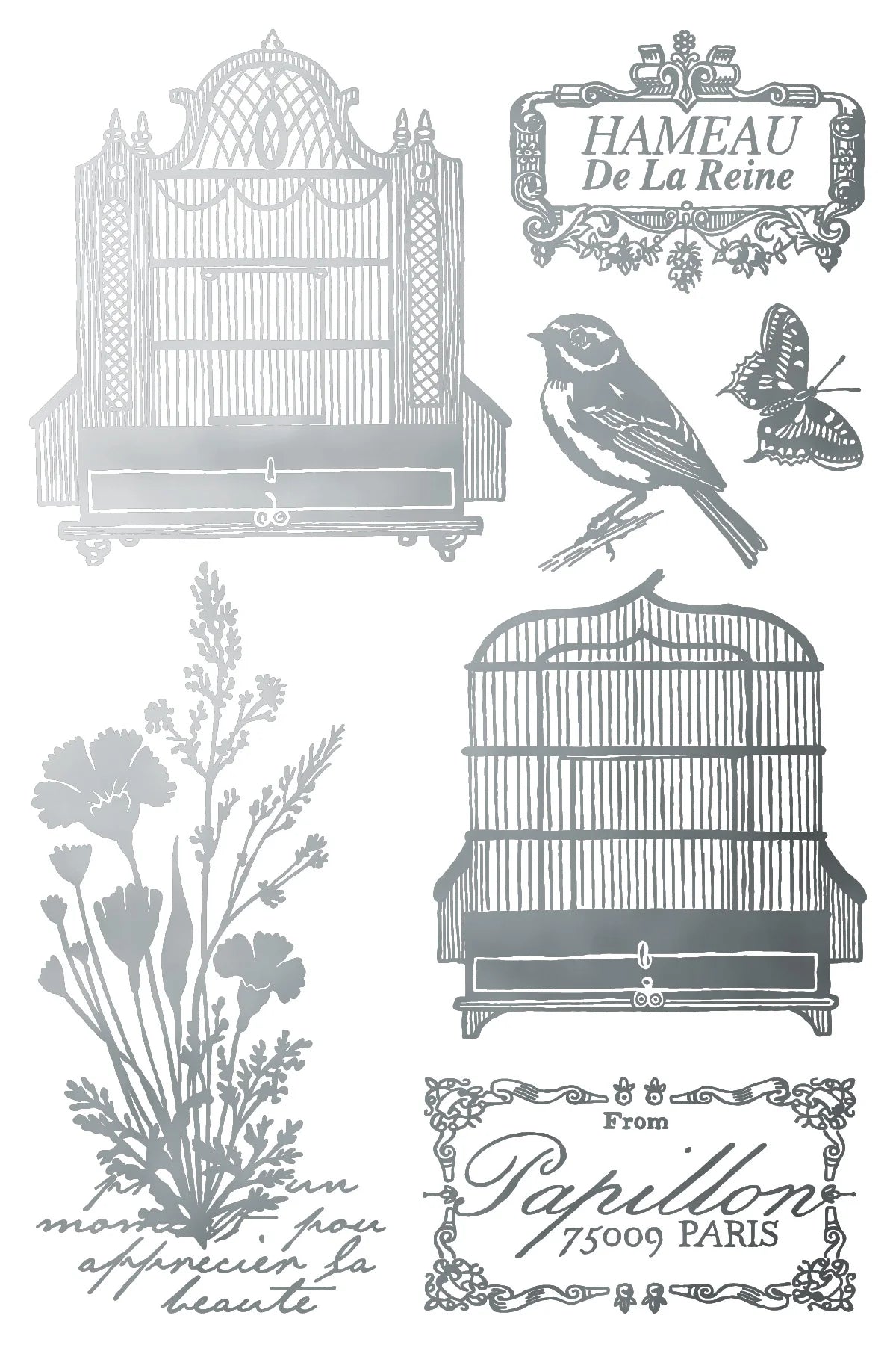 Decorative silver transfer design with birdcages, birds, and floral elements on a white background.