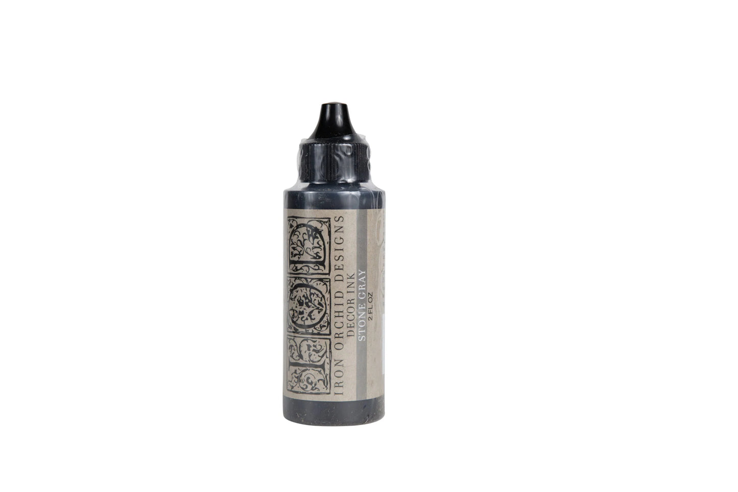 IOD stamping ink bottle in the color gray, with intricate label design on a white background.