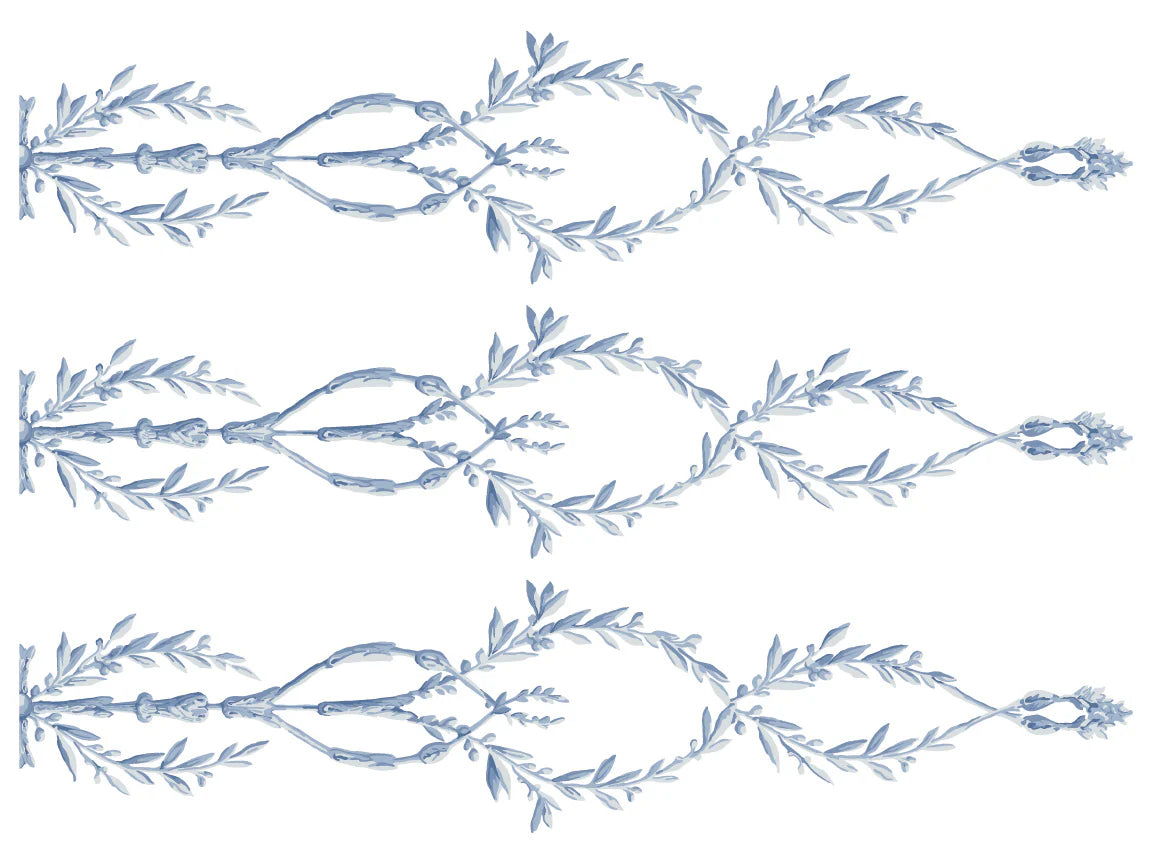 Decorative pattern of blue floral elements on a light gray background