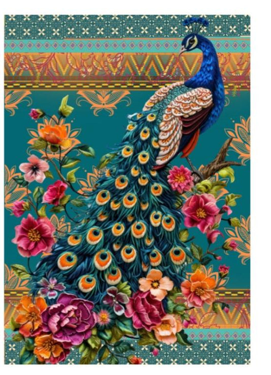 Colorful peacock illustration on a floral background with decorative border