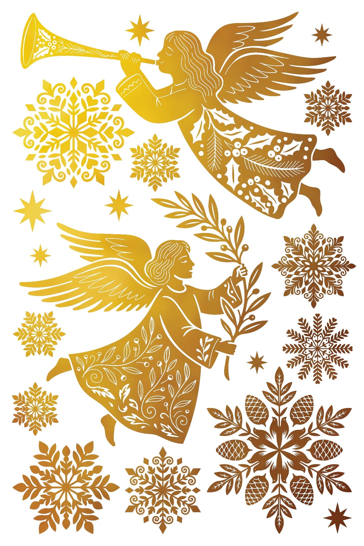 A foil transfer design with festive graphics featuring two gold-toned angels with wings, surrounded by intricate gold snowflakes and star motifs on a white background.