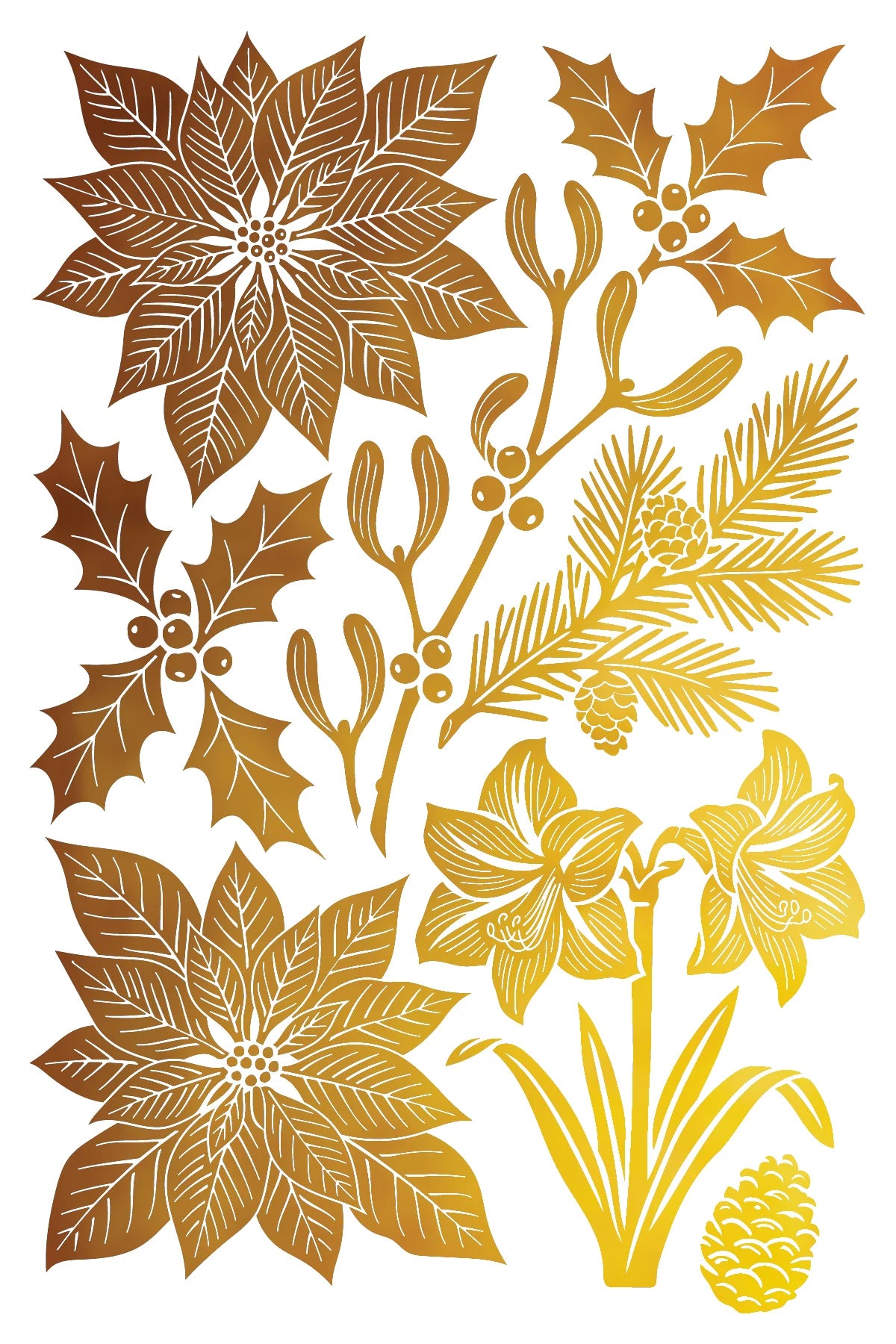 A foil transfer sheet with botanical holiday graphics featuring gold and bronze-toned illustrations of winter plants on a white background, including poinsettias, mistletoe, holly, pine branches, daffodils, and a pinecone.