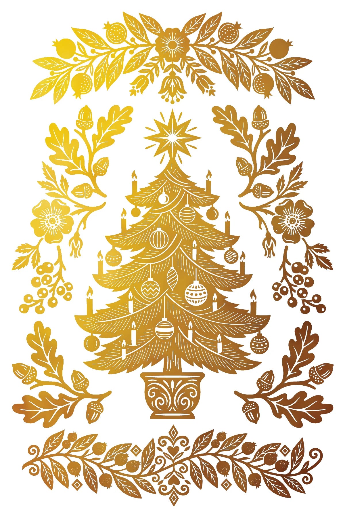A foil transfer with a decorative gold-toned Christmas tree illustration framed by ornate floral and leaf garlands on a white background.