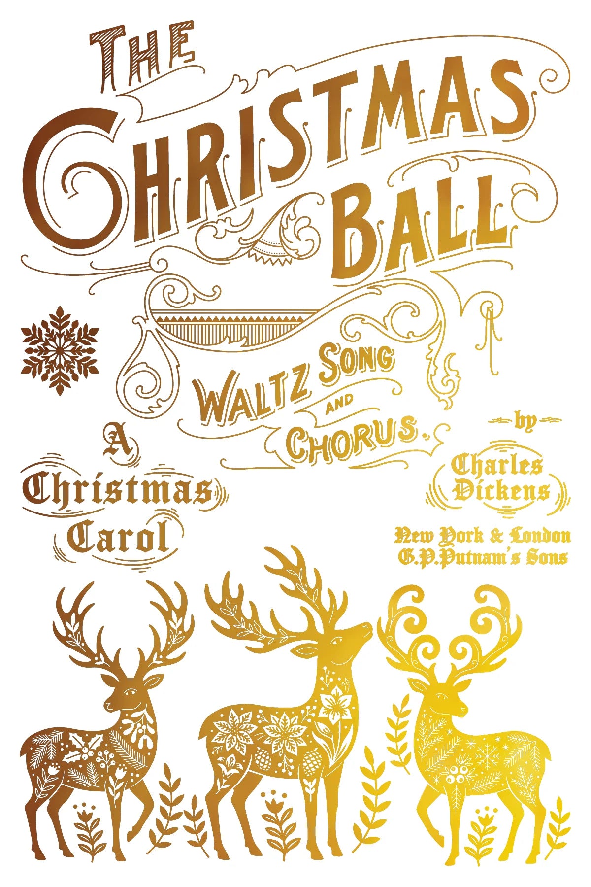 A foil transfer page with vintage-style illustrated cover art for 'The Christmas Ball' with ornate typography, a snowflake motif, and three decorated reindeer in gold and brown on a white background.