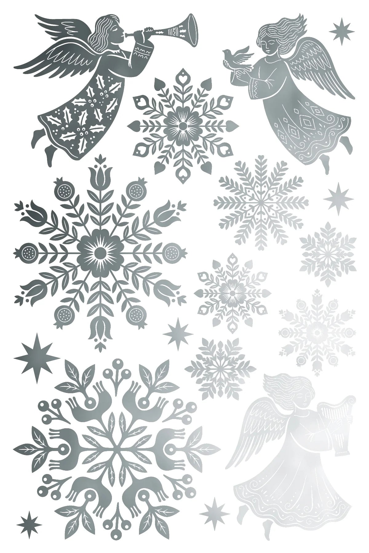 A foil transfer sheet of silver holographic foil stickers featuring Christmas designs, including two angels, snowflakes, and stars, arranged on a white background.