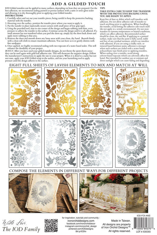 Back cover of a foil transfer from IOD, showing product details, text instructions, and sample stencil designs in gold and silver on a white background.