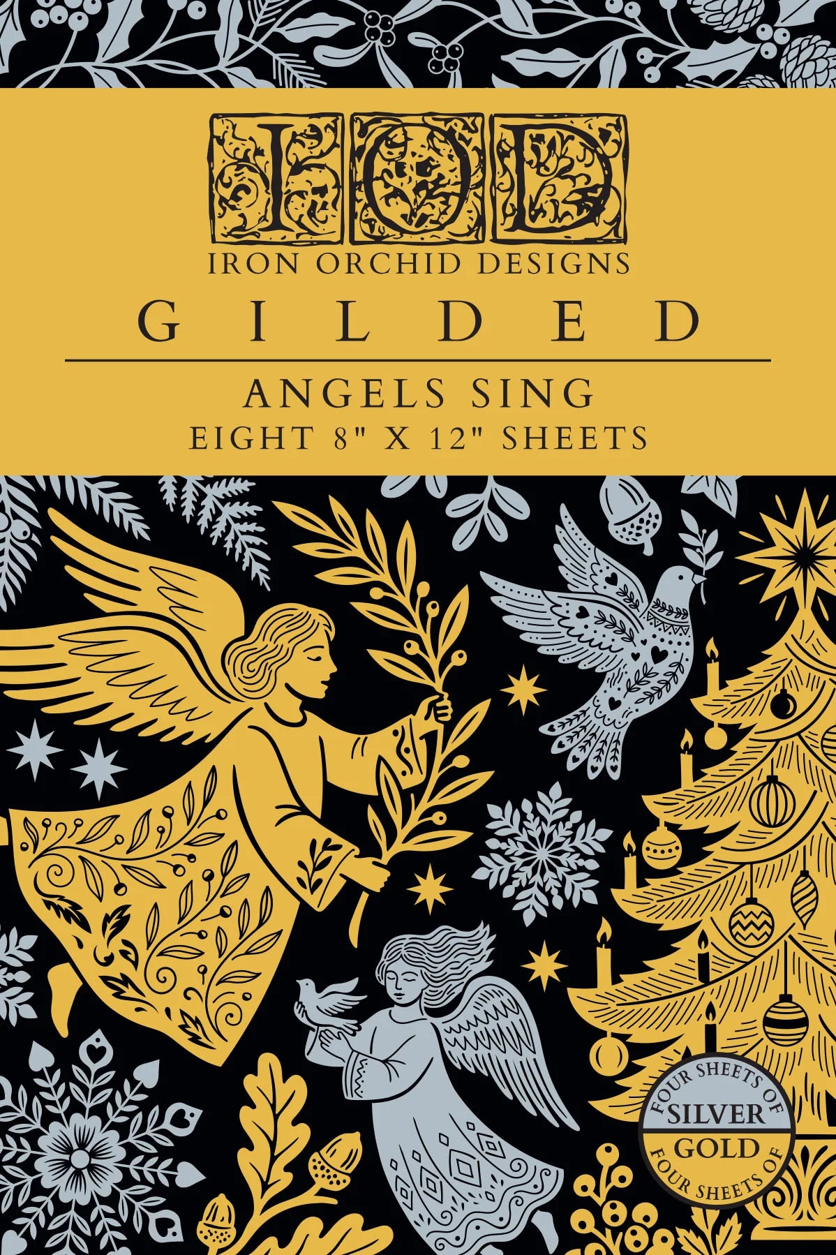 Cover of the Iron Orchid Designs 'Gilded' transfer sheet set, featuring a gold and black background with silver-gray illustrations of angels, a Christmas tree, and snowflakes. Text indicates eight 8" x 12" sheets.