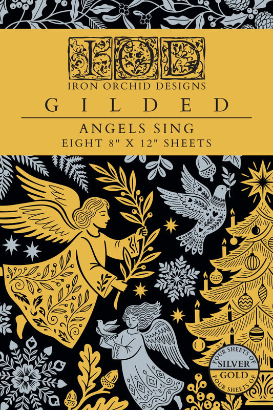Cover of the Iron Orchid Designs 'Gilded' transfer sheet set, featuring a gold and black background with silver-gray illustrations of angels, a Christmas tree, and snowflakes. Text indicates eight 8" x 12" sheets.