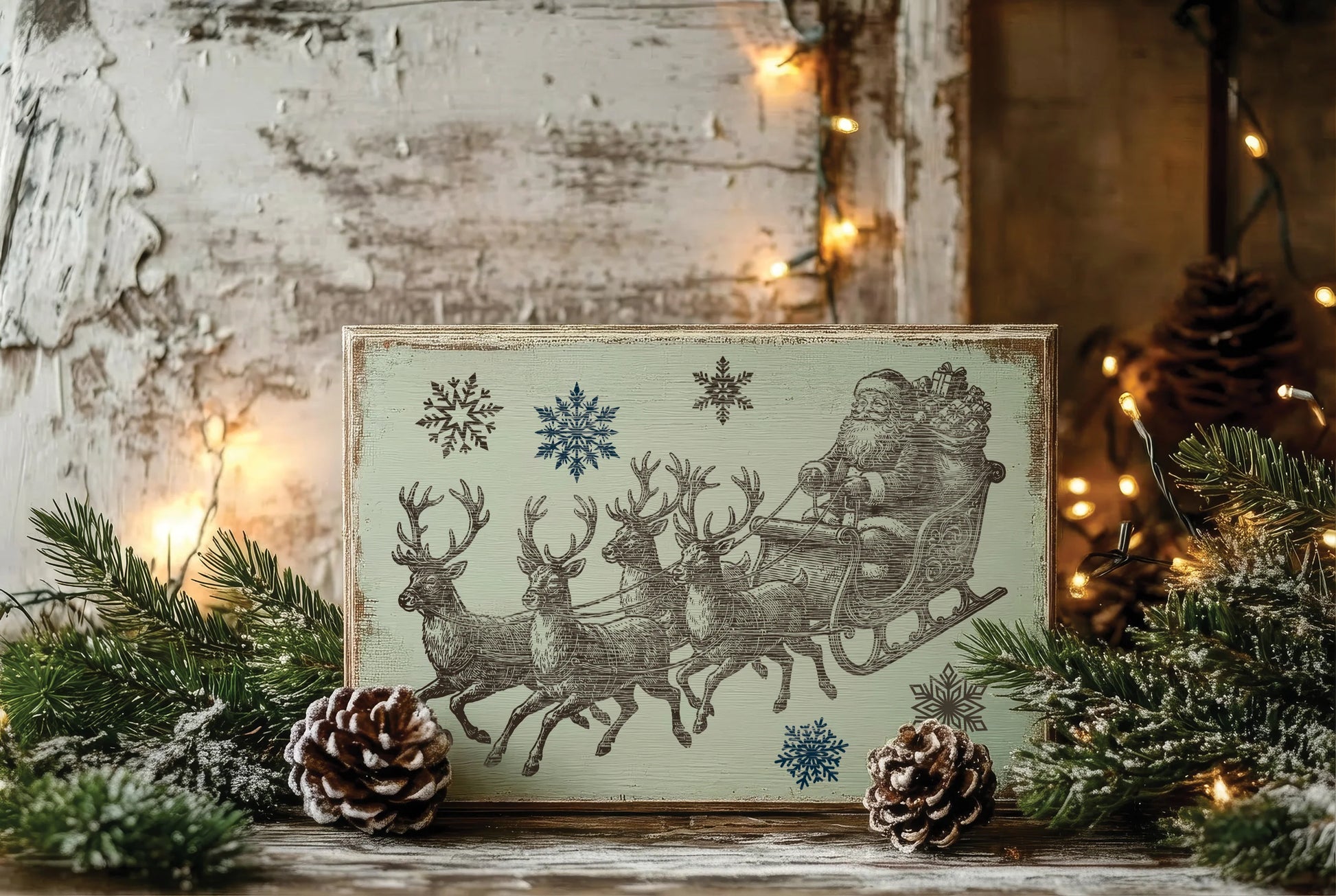 A rectangular vintage-style Christmas sign featuring Santa Claus in a sleigh with reindeer and snowflakes, styled on a rustic wooden surface with pine branches, pinecones, and warm string lights.