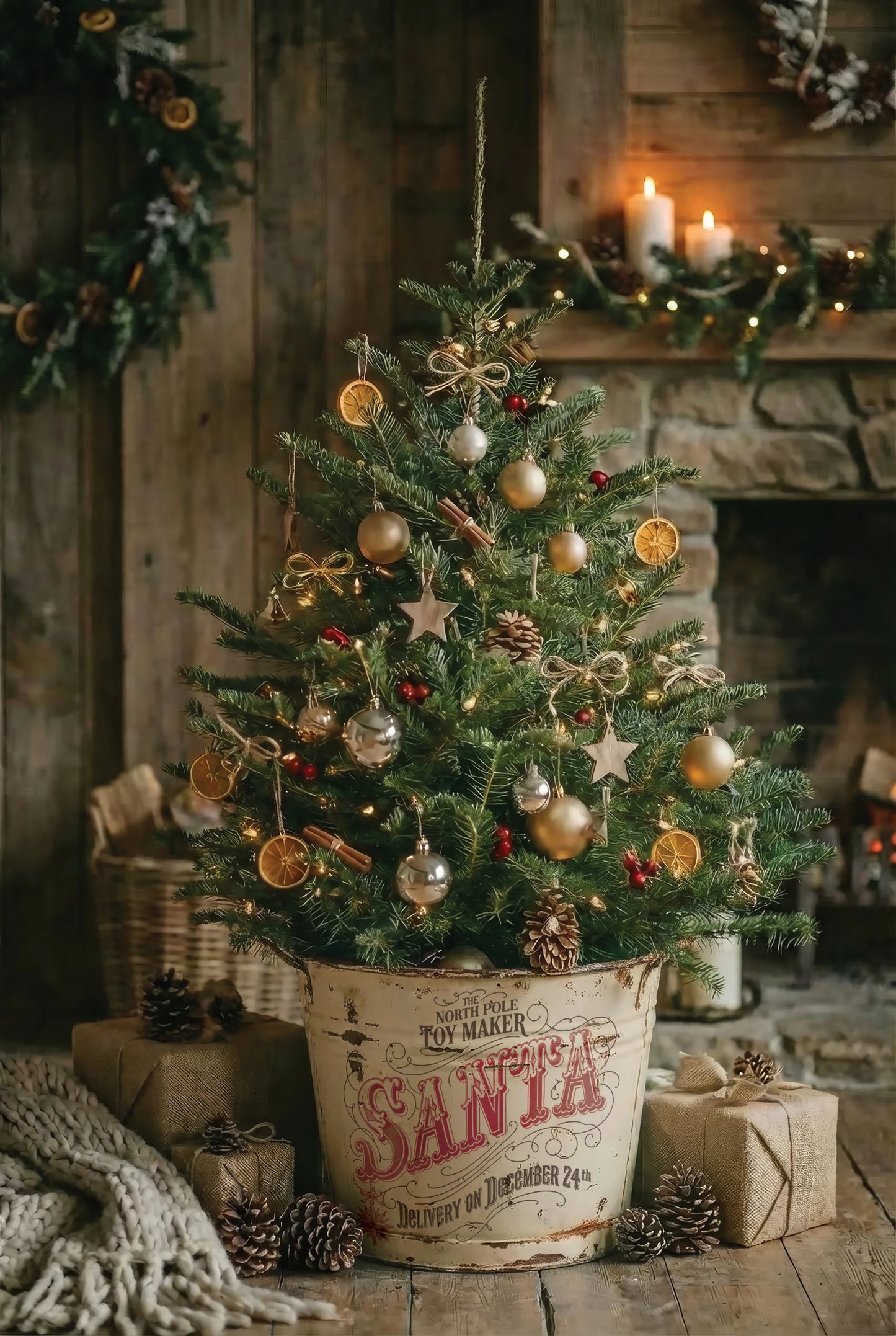 A decorated Christmas tree in a vintage-style metal bucket, placed on a rustic wooden floor in front of a stone fireplace with candles, wrapped gifts, pinecones, and holiday garlands.
