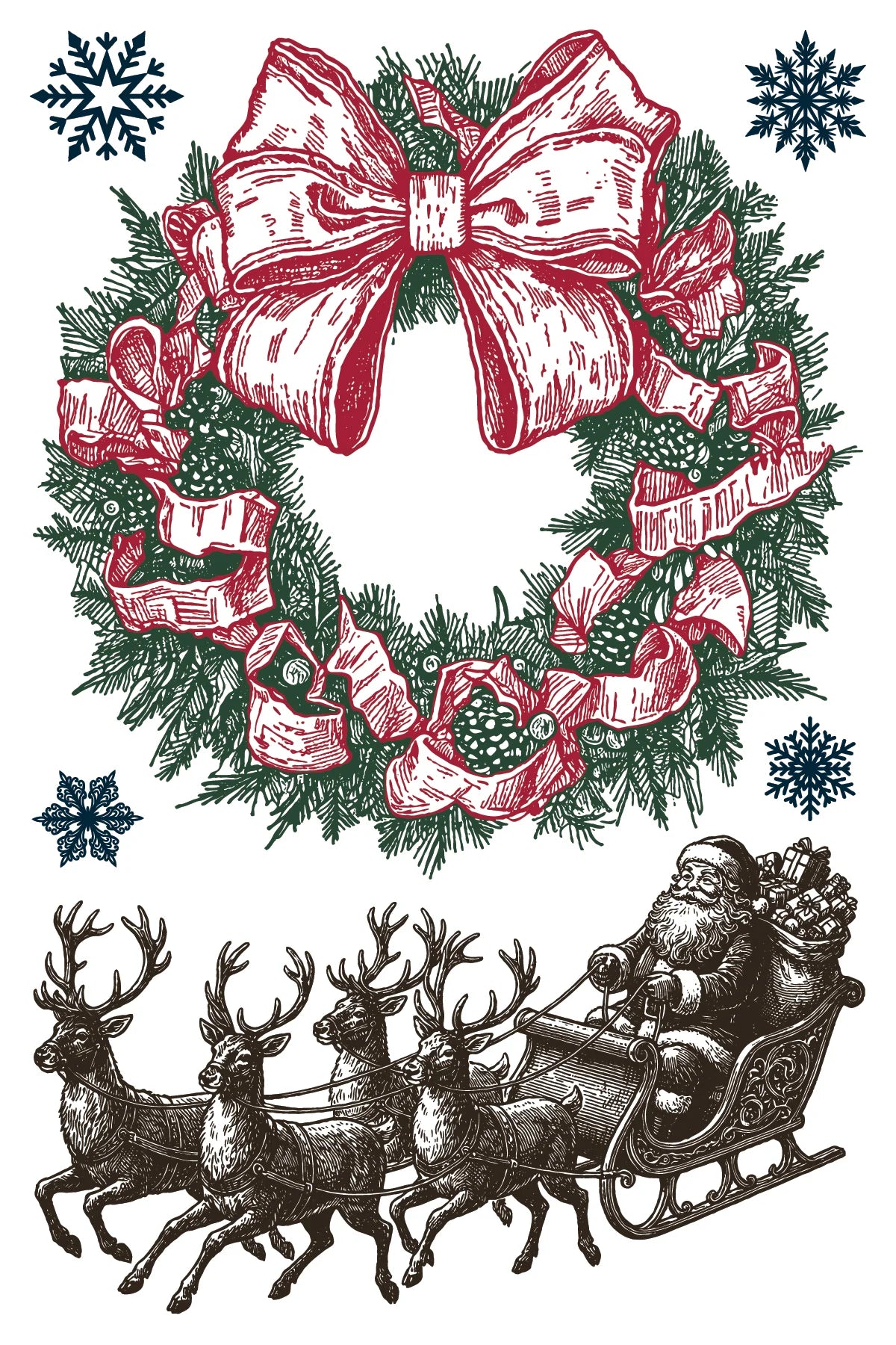 A paint inlay sheet with a festive Christmas wreath illustration with a large red bow, green pine branches, and red ribbon accents, plus a black-and-white drawing of Santa Claus in a sleigh pulled by reindeer, on a white background.