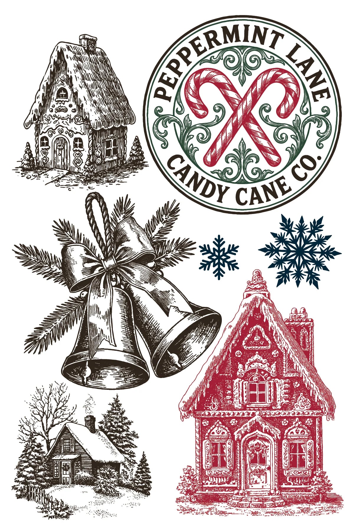 A Paint Inlay collection of Christmas-themed graphic designs on a white background, including a gingerbread house, a round 'Peppermint Lane Candy Cane Co' logo with red candy canes and green scrollwork, a pair of hanging bells with pine branches, two blue snowflakes, and another gingerbread house in red and black sketch style.