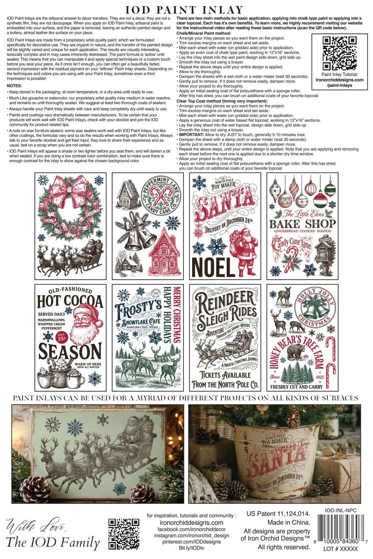 A product information sheet for IOD Paint Inlay featuring multiple holiday-themed printed designs such as Santa, reindeer, wreaths, and seasonal text, plus a small example application photo at the bottom.