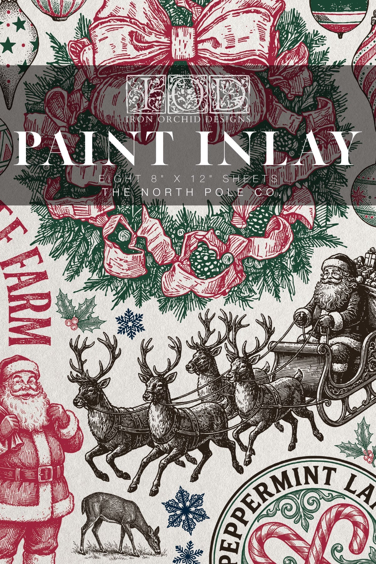 A Christmas-themed paint inlay pattern design sheet featuring vintage illustrations of Santa Claus, reindeer, snow globes, and ornaments in red, green, and black ink on an off-white background, with a dark gray text overlay reading 'PAINT INLAY'.