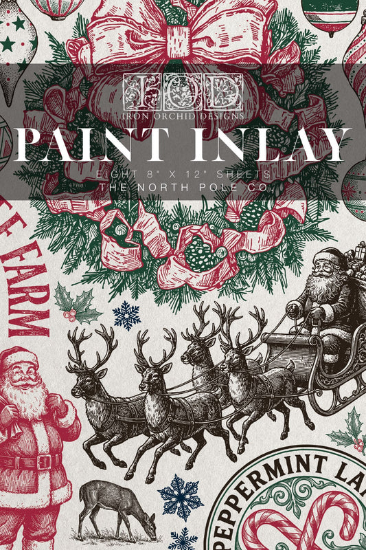 A Christmas-themed paint inlay pattern design sheet featuring vintage illustrations of Santa Claus, reindeer, snow globes, and ornaments in red, green, and black ink on an off-white background, with a dark gray text overlay reading 'PAINT INLAY'.