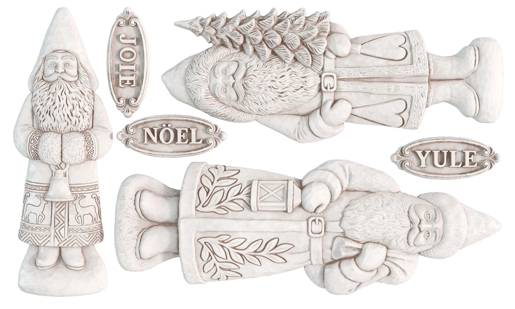 Four white holiday Belsnickel figurine castings, including one holding a Christmas tree and three with nameplates reading JOY, NOÉL, and YULE.