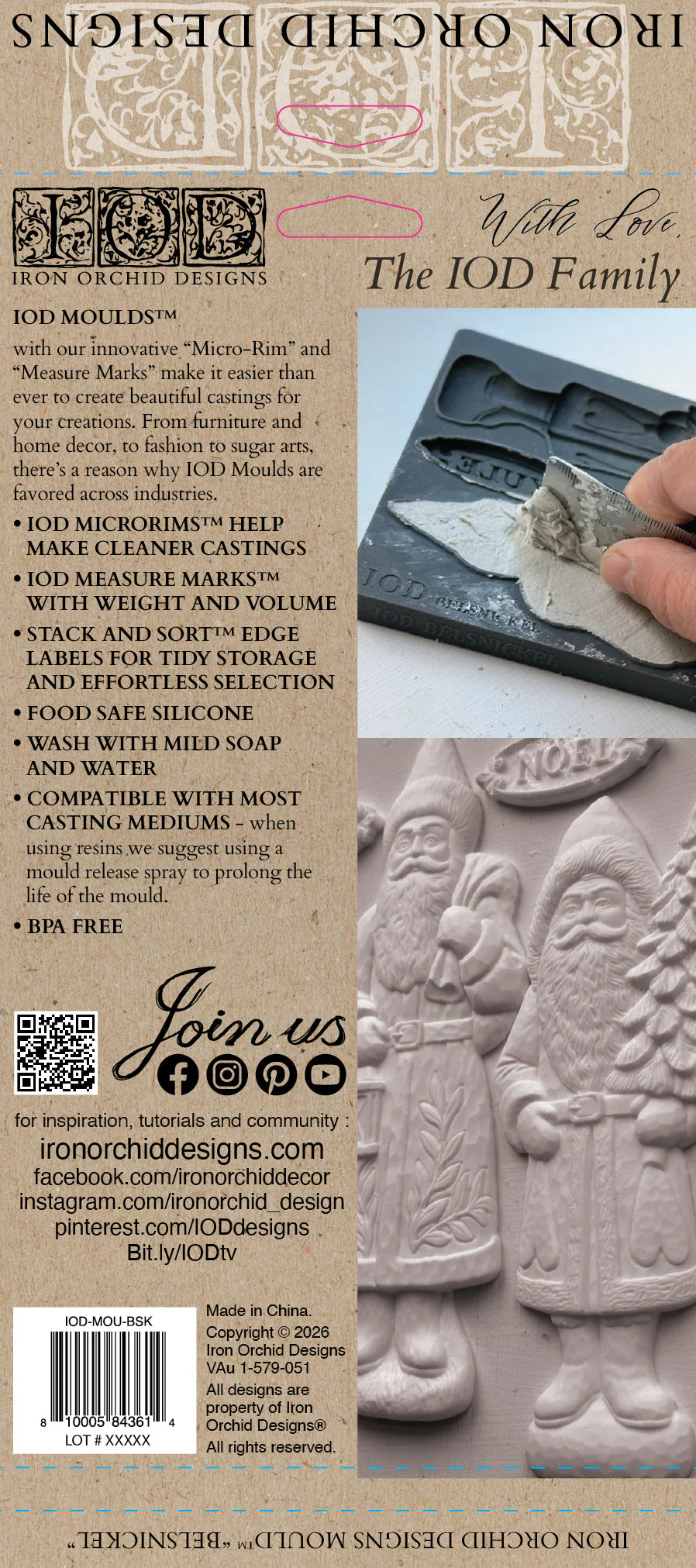 Back cover of the Iron Orchid Designs 'Belsnickel' mould featuring product information, a barcode, and a photo of a hand holding a carved stone mold.