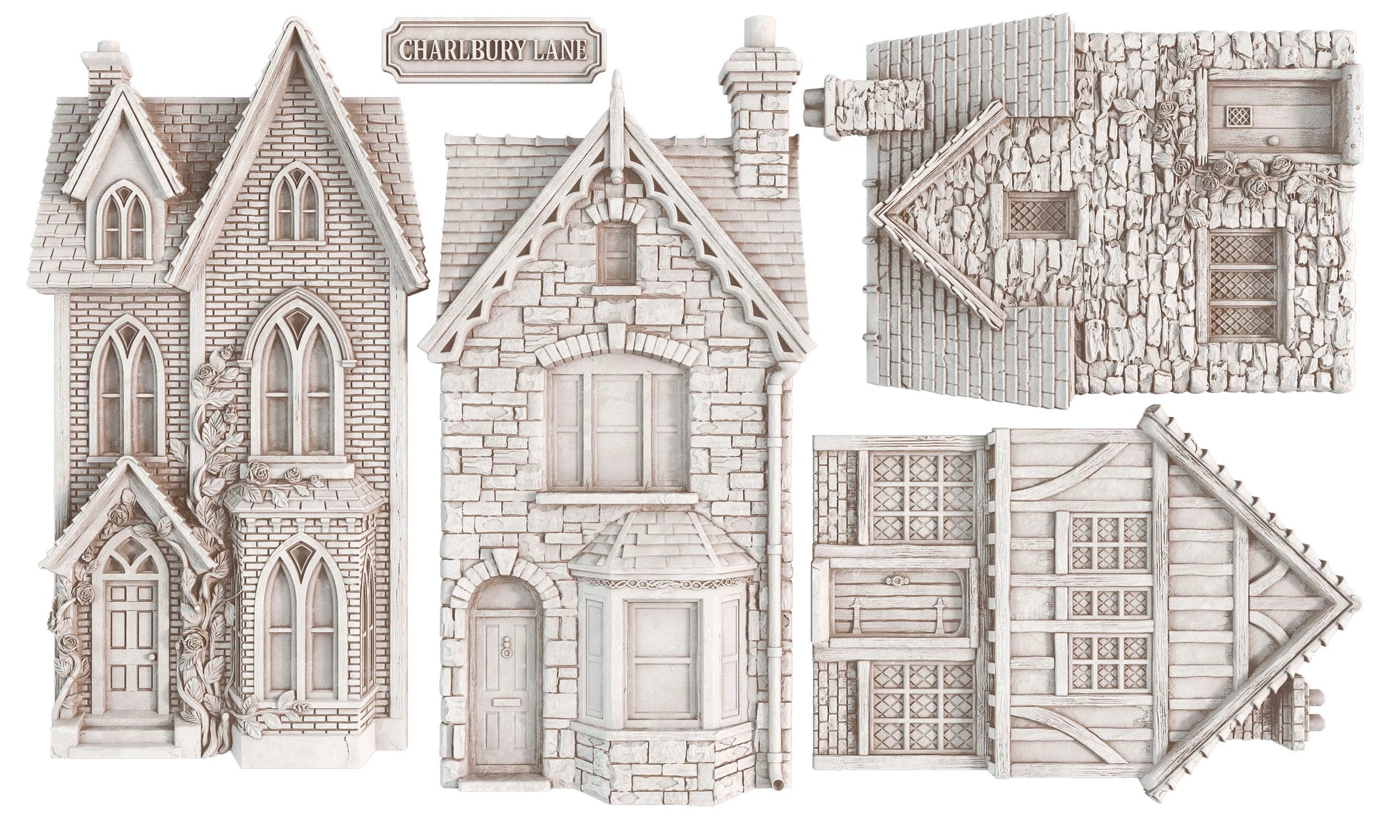 Four unpainted miniature clay-cast terrain pieces for tabletop decor, featuring a Victorian-style house, a cottage, and two timber-framed buildings.
