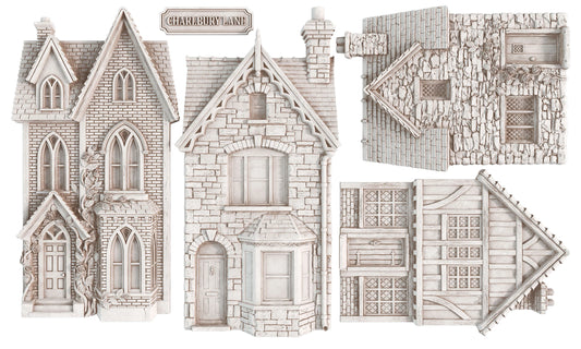 Four unpainted miniature clay-cast terrain pieces for tabletop decor, featuring a Victorian-style house, a cottage, and two timber-framed buildings.
