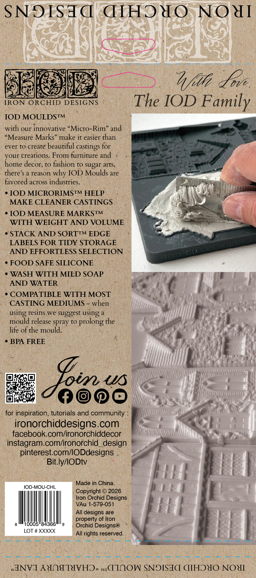 Back packaging insert for the Iron Orchid Designs 'Charlbury Lane' mould, featuring product descriptions, website links, a barcode, and a small photo of a hand holding a cast model.