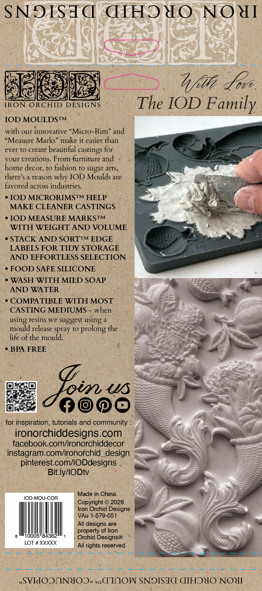 Back cover of an Iron Orchid Designs mould, including a mould photo, descriptive text, a QR code, and a large carved cornucopia casting.