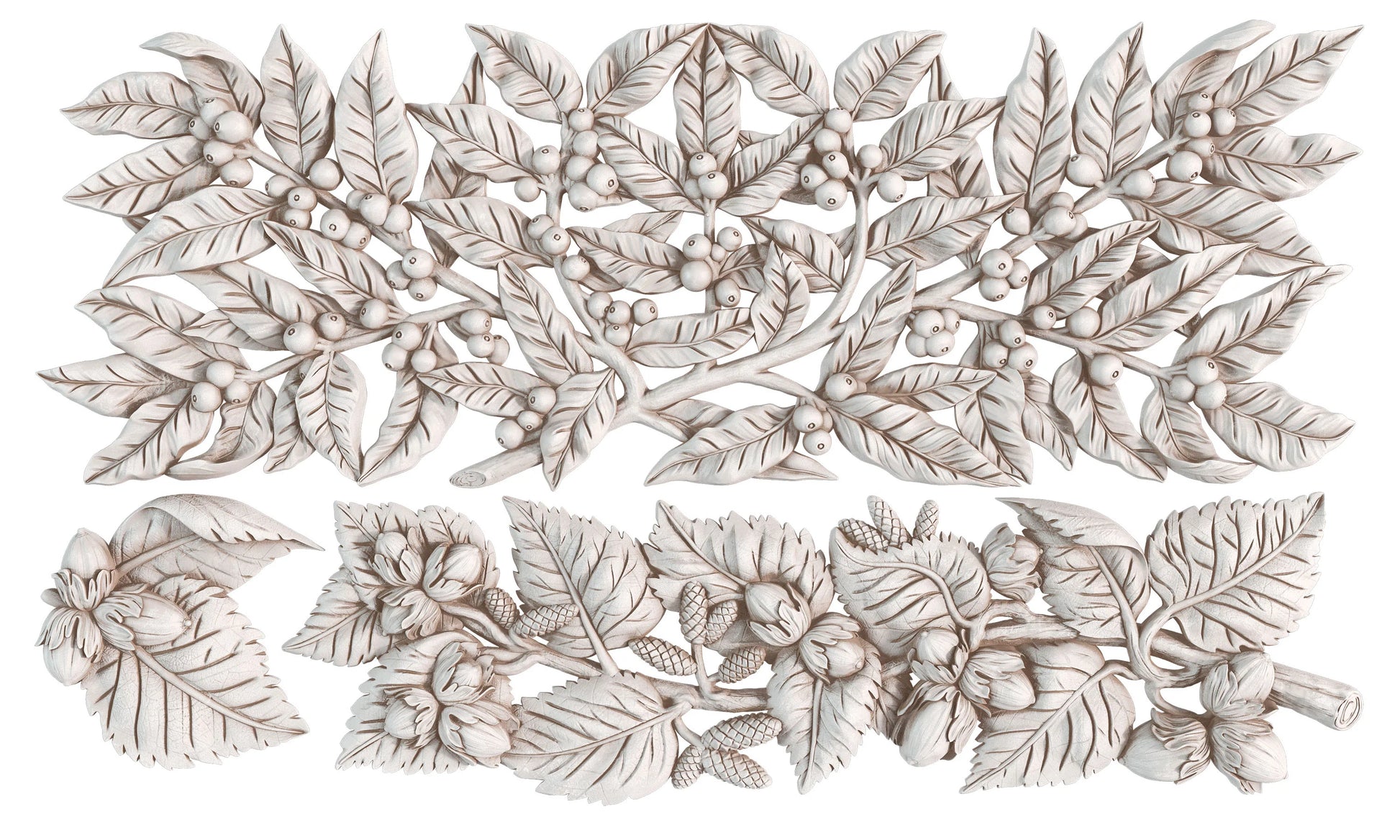 A set of air dried clay castings featuring detailed botanical leaf and berry motifs, arranged on a plain white background.