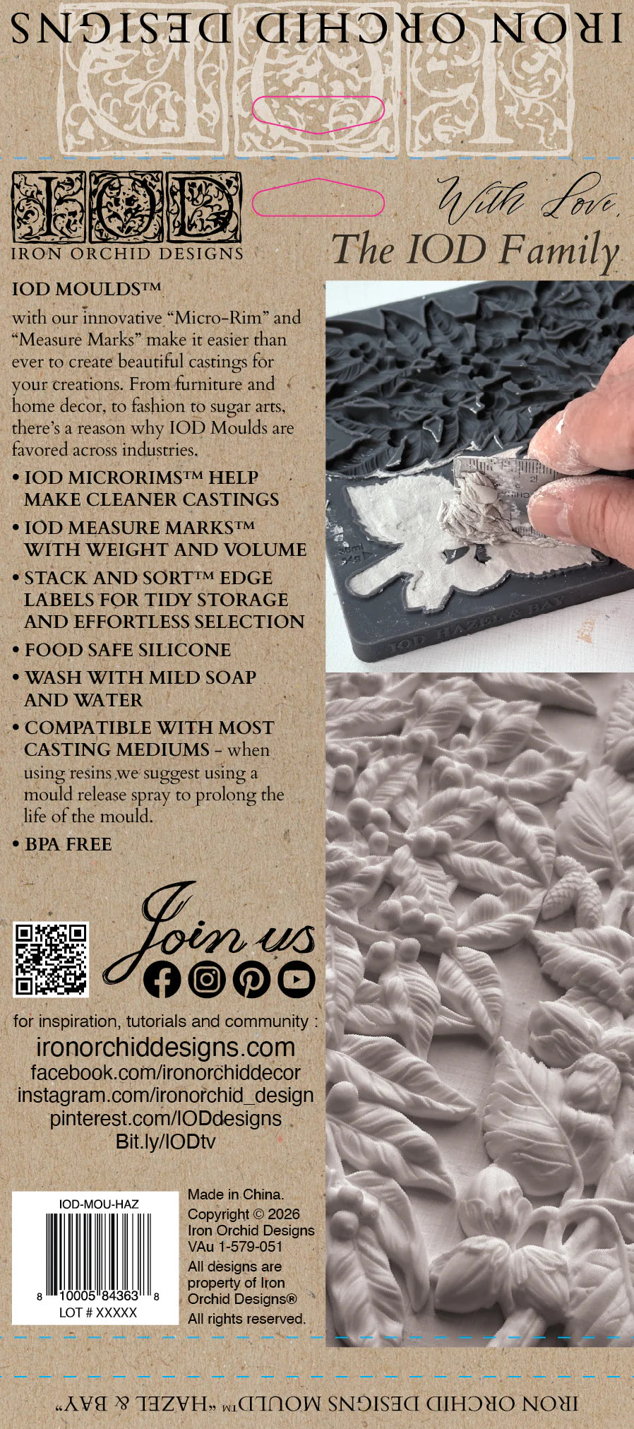 Back of a IOD Moulds packaging, featuring product information, a barcode, and a close-up photo of a hand holding a gray cast plaster mold.