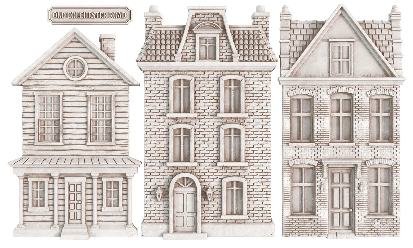 Three-dimensiona air-dry clay houses in a vintage architectural style, shown on a plain white background. The houses feature detailed brick and wood textures, multiple windows, and pitched roofs.