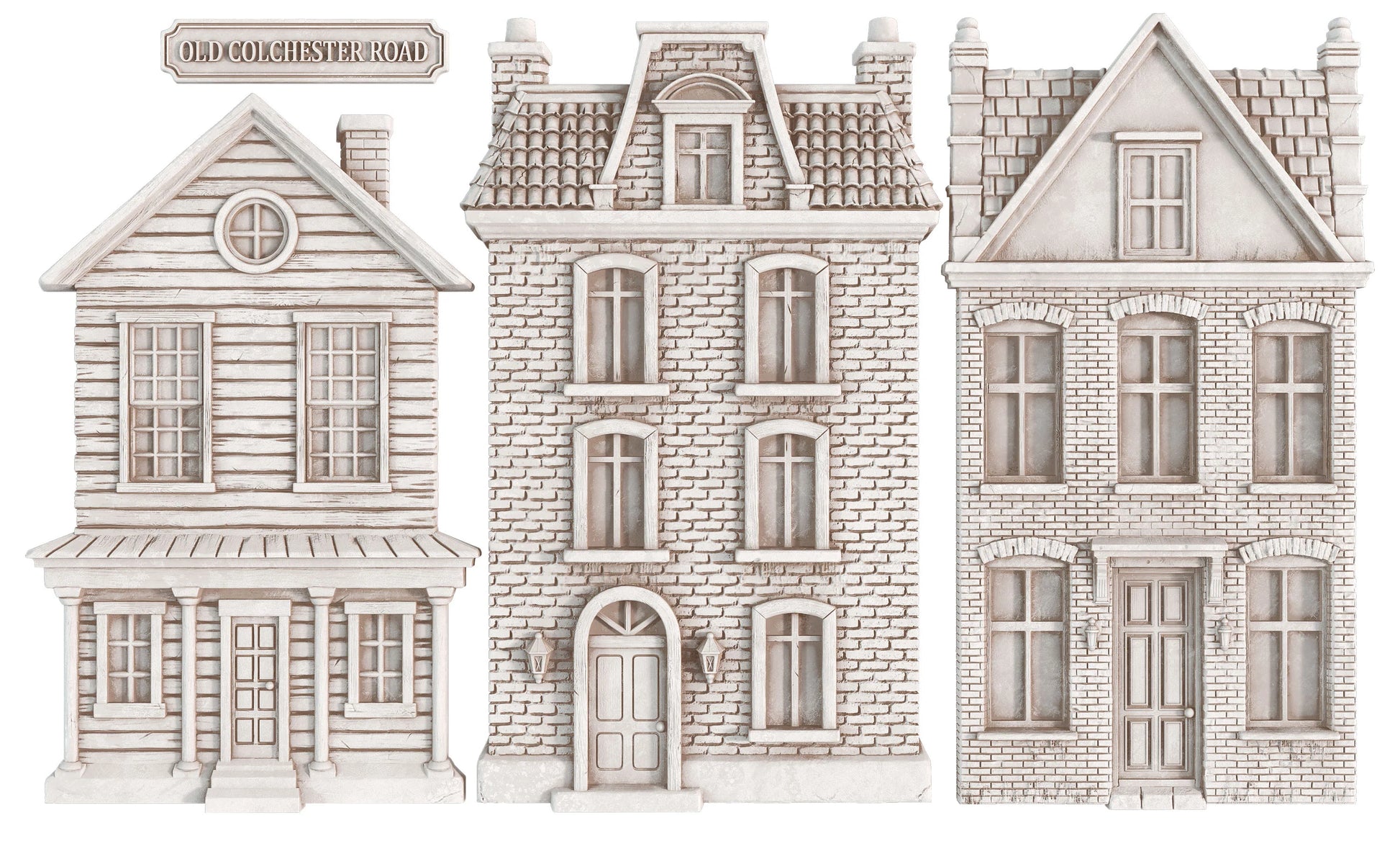 Three-dimensiona air-dry clay houses in a vintage architectural style, shown on a plain white background. The houses feature detailed brick and wood textures, multiple windows, and pitched roofs.