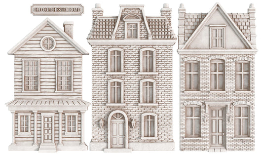 Three-dimensiona air-dry clay houses in a vintage architectural style, shown on a plain white background. The houses feature detailed brick and wood textures, multiple windows, and pitched roofs.