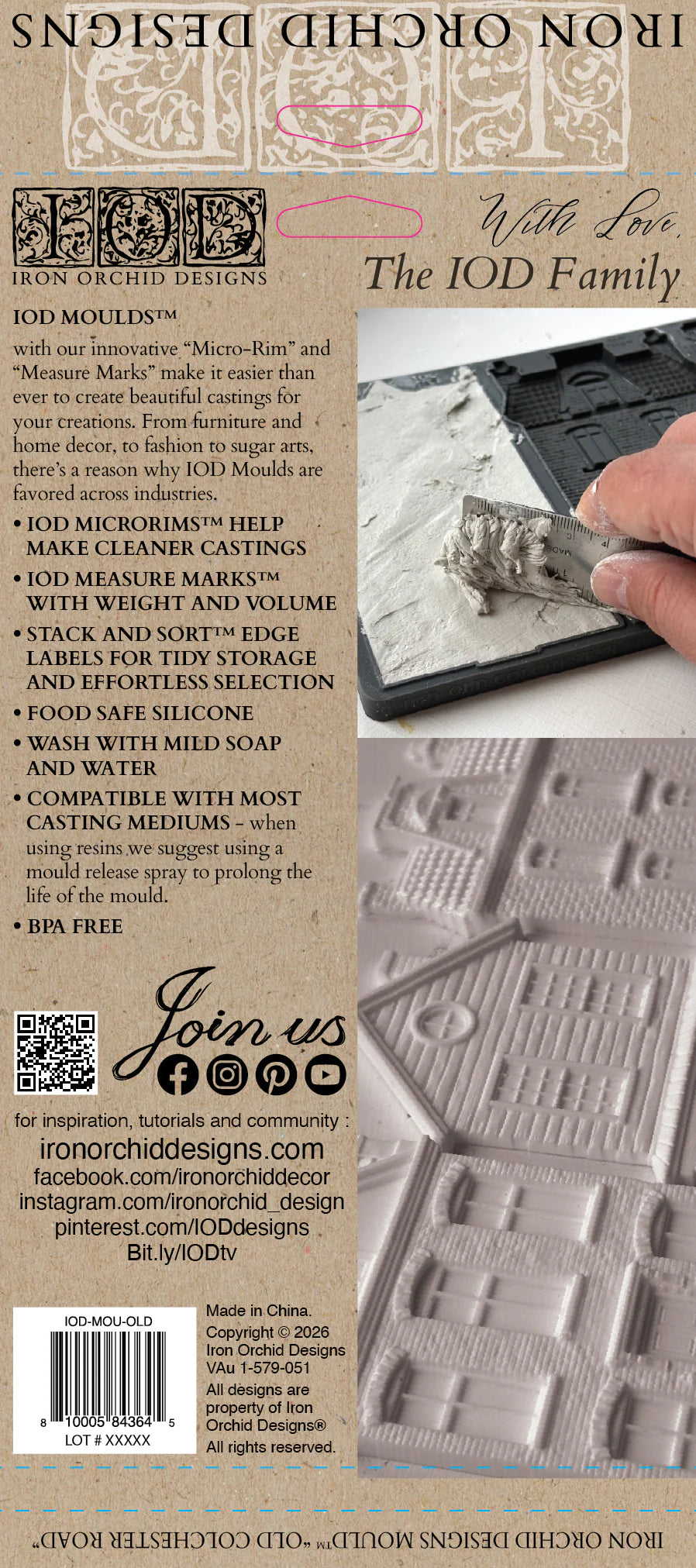 Back cover of product packaging for 'Iron Orchid Designs' IOD Moulds.
