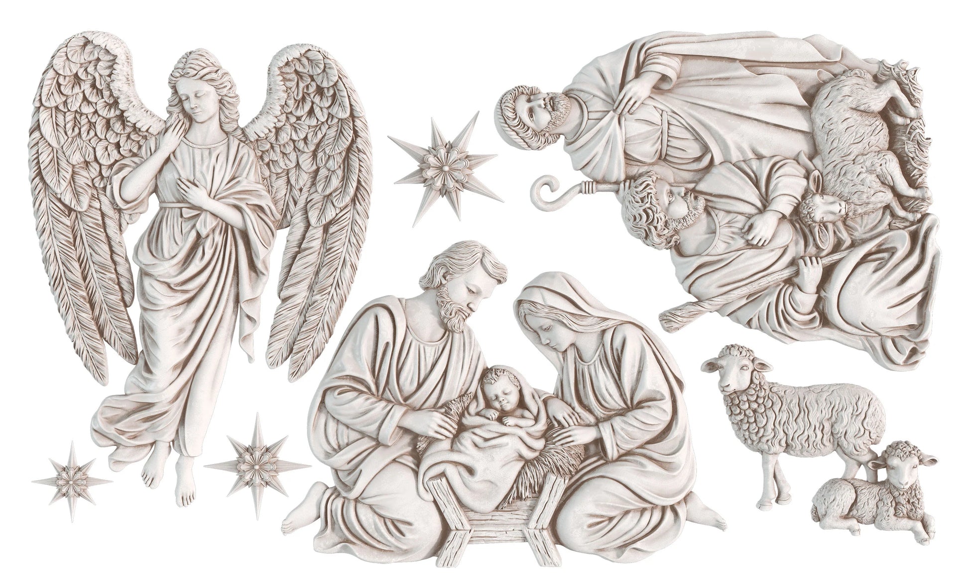 A s Christmas nativity figurines cast with air dry clay on a plain white background, including angels, the Holy Family, sheep, and star details.