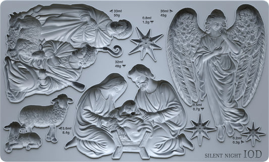 A silicone mold tray featuring multiple Christmas nativity and angel designs, including Mary, Joseph, baby Jesus, an angel, shepherds, and stars, with printed volume and weight measurements and the text 'SILENT NIGHT IOD' in the bottom right corner.
