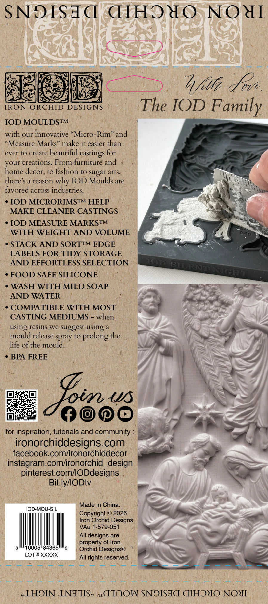 Iron Orchid Designs castable silicone mold package, featuring product description, features, a demonstration photo of a hand using the mold, and a barcode.